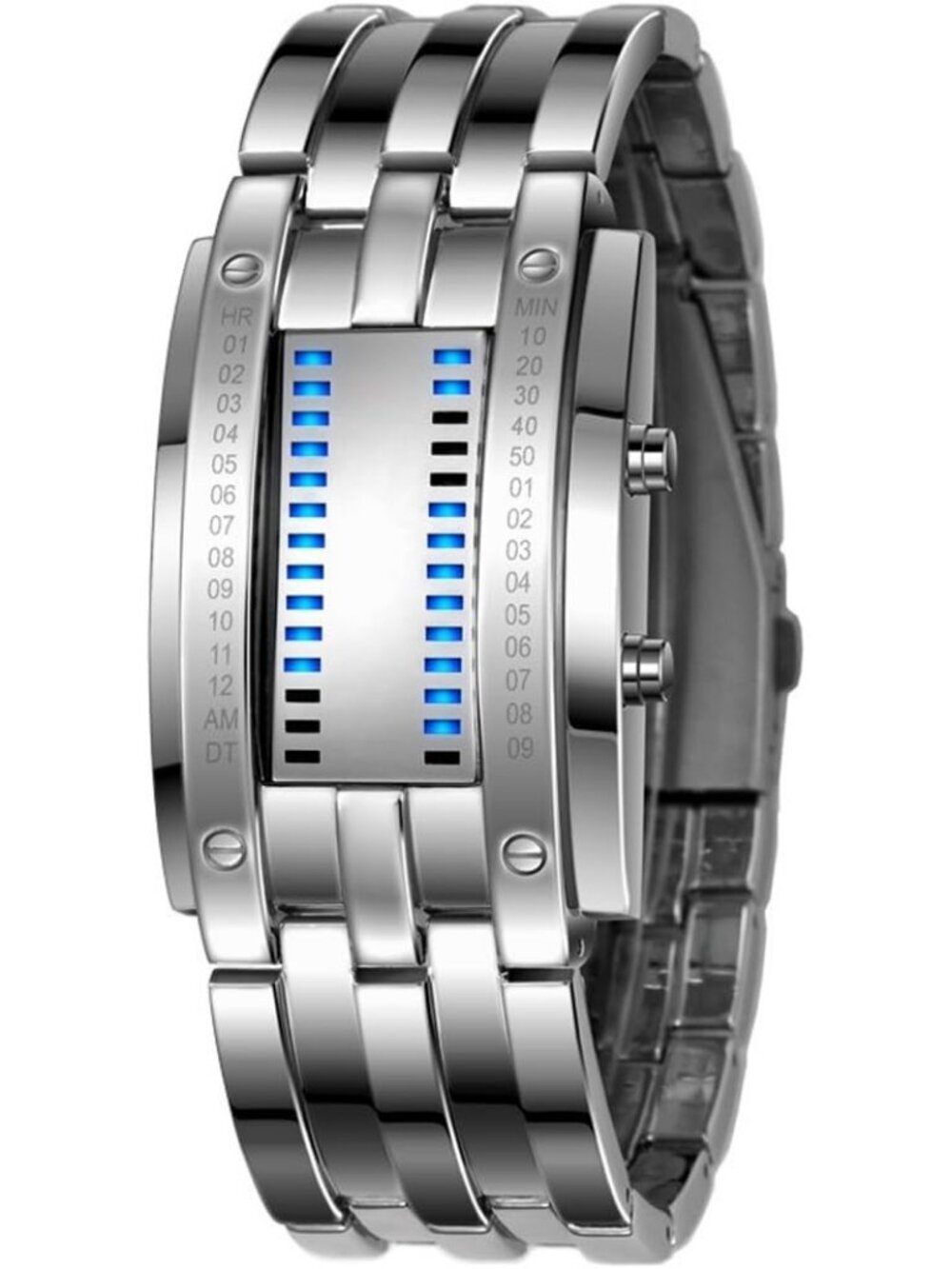 Men's Silver Analog Quartz Bracelet Waterproof Binary Matrix LED Digital Watch